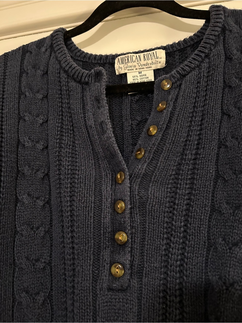 Navy Cable Knit Cotton Button Front Sweater Medium - Picture 3 of 5